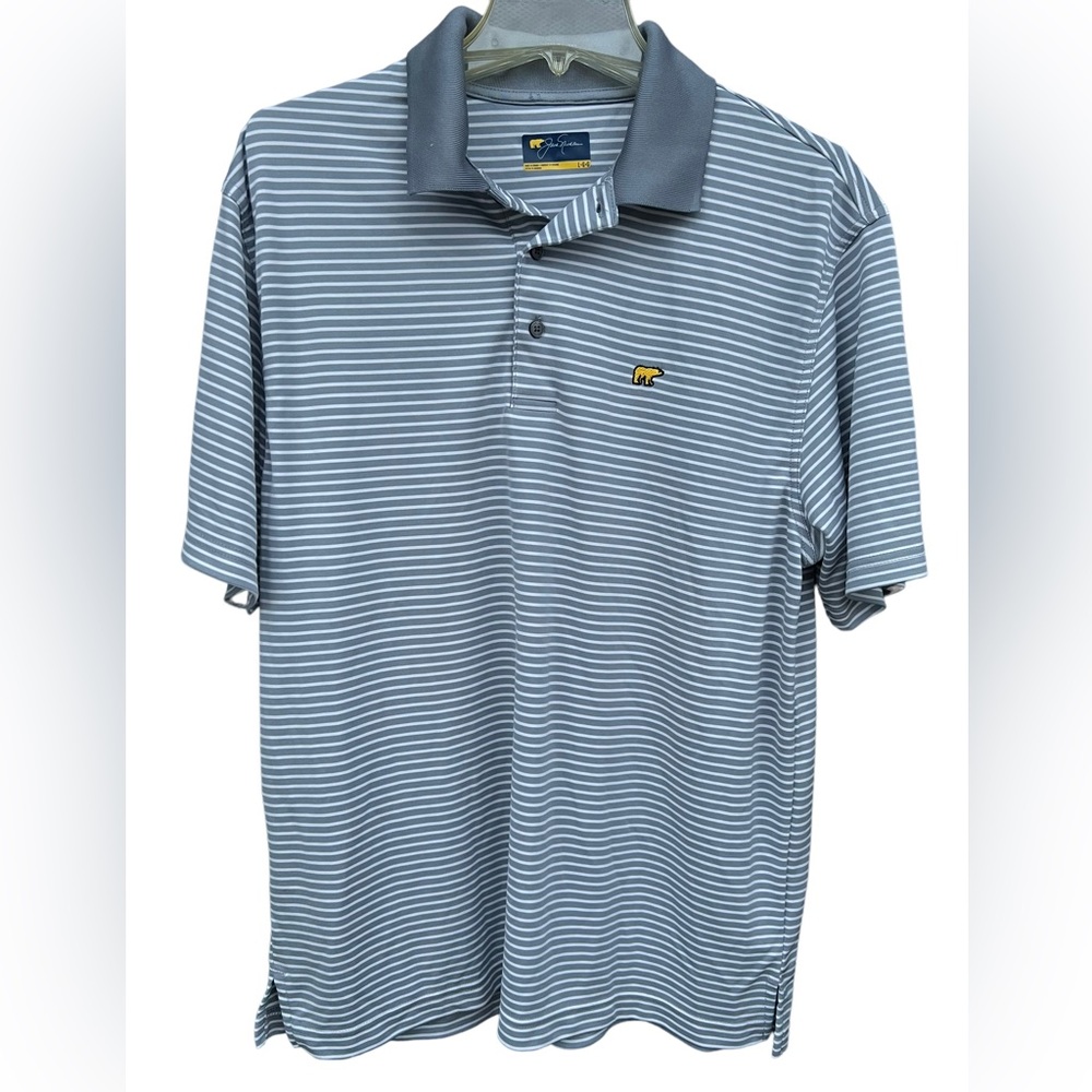 Jack Nichlaus Mens L Golf Polo Shirt Gray White Short Sleeves Active Striped